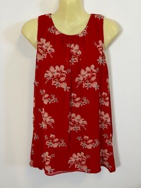 Vince Camuto Red Floral Sleeveless Pleated Tank Blouse